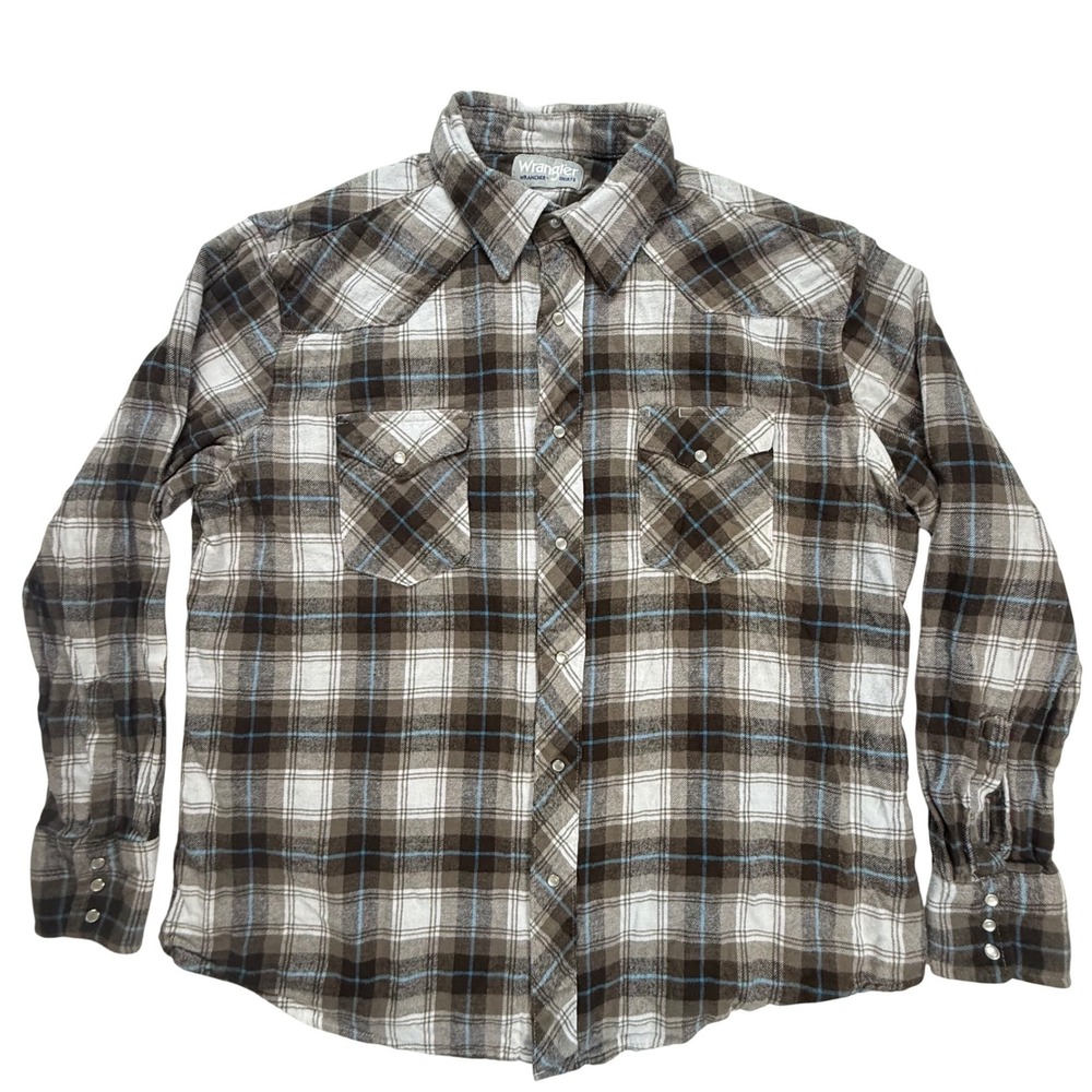 Wrangler Wrancher Mens XL Brown Plaid Western Pearl Snap Flannel Shirt 112358525